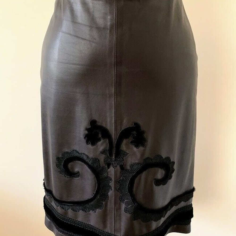 GIULIANA TESO BROWN LEATHER EMBROIDERY SKIRT ITALIAN FULLY LINED SIZE42